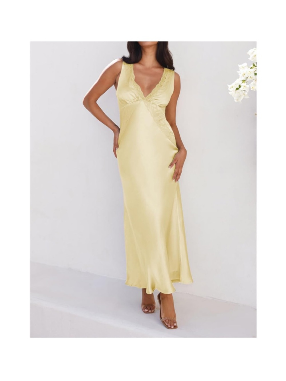 Lace Trim Satin Slip Dress in Pale Lemon Small